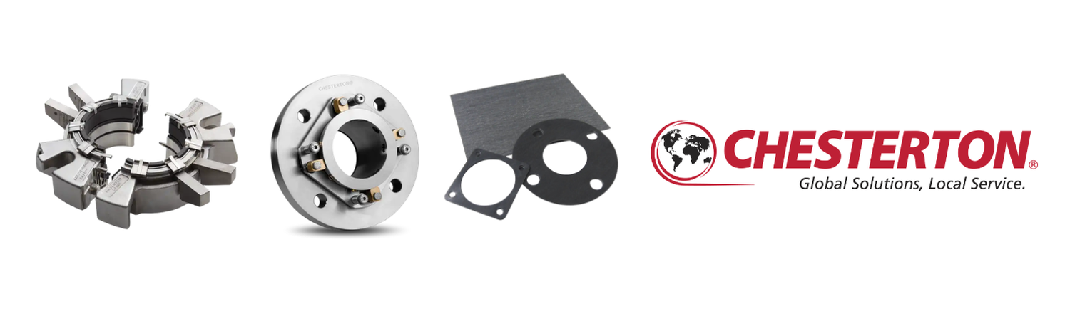 Chesterton split mechanical seal opened into its two halves, a cartridge mechanical seal, a graphite gasket sheet with cut flange gaskets, and the red Chesterton logo with the tagline Global Solutions, Local Service